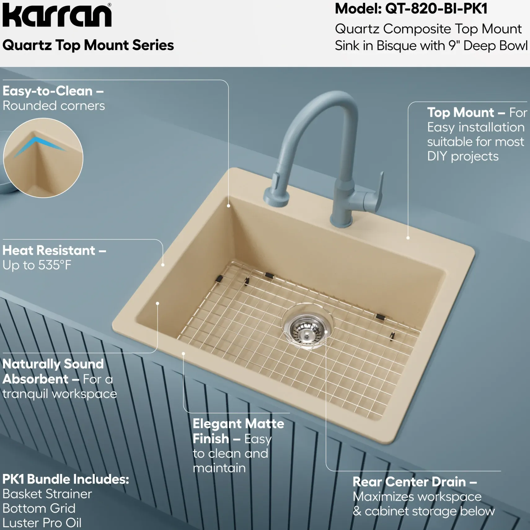 Karran 25" Drop In/Topmount Quartz Composite Kitchen Sink with Accessories, Bisque, QT-820-BI-PK1