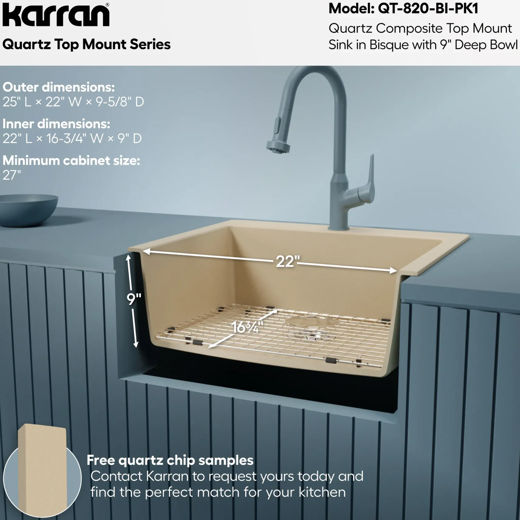 Karran 25" Drop In/Topmount Quartz Composite Kitchen Sink with Accessories, Bisque, QT-820-BI-PK1