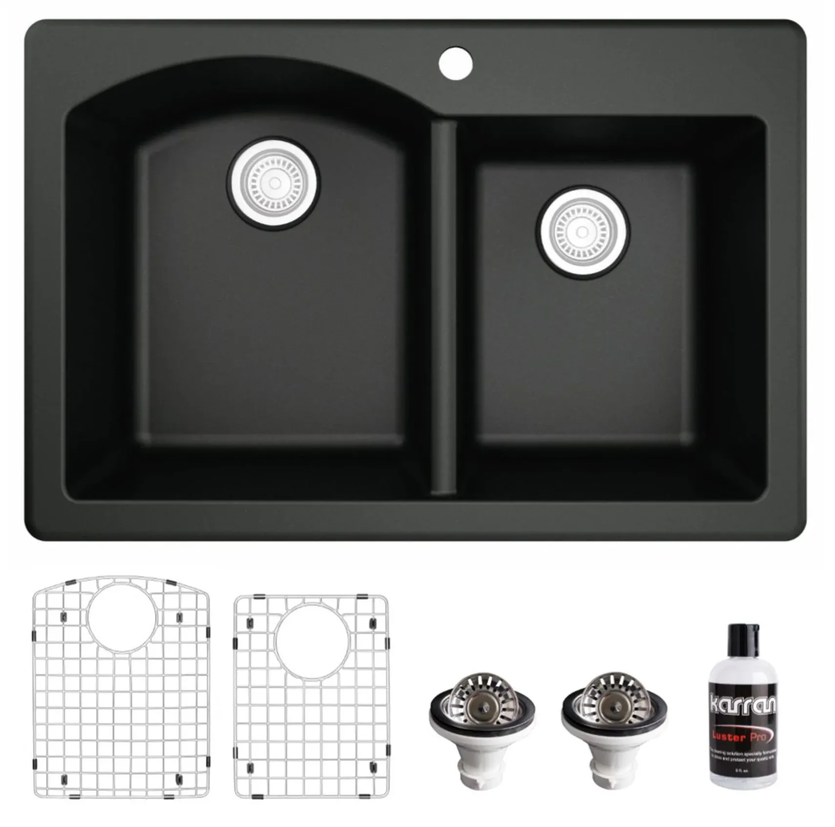 Karran 33" Drop In/Topmount Quartz Composite Kitchen Sink, 60/40 Double Bowl, Black, QT-610-BL-PK1