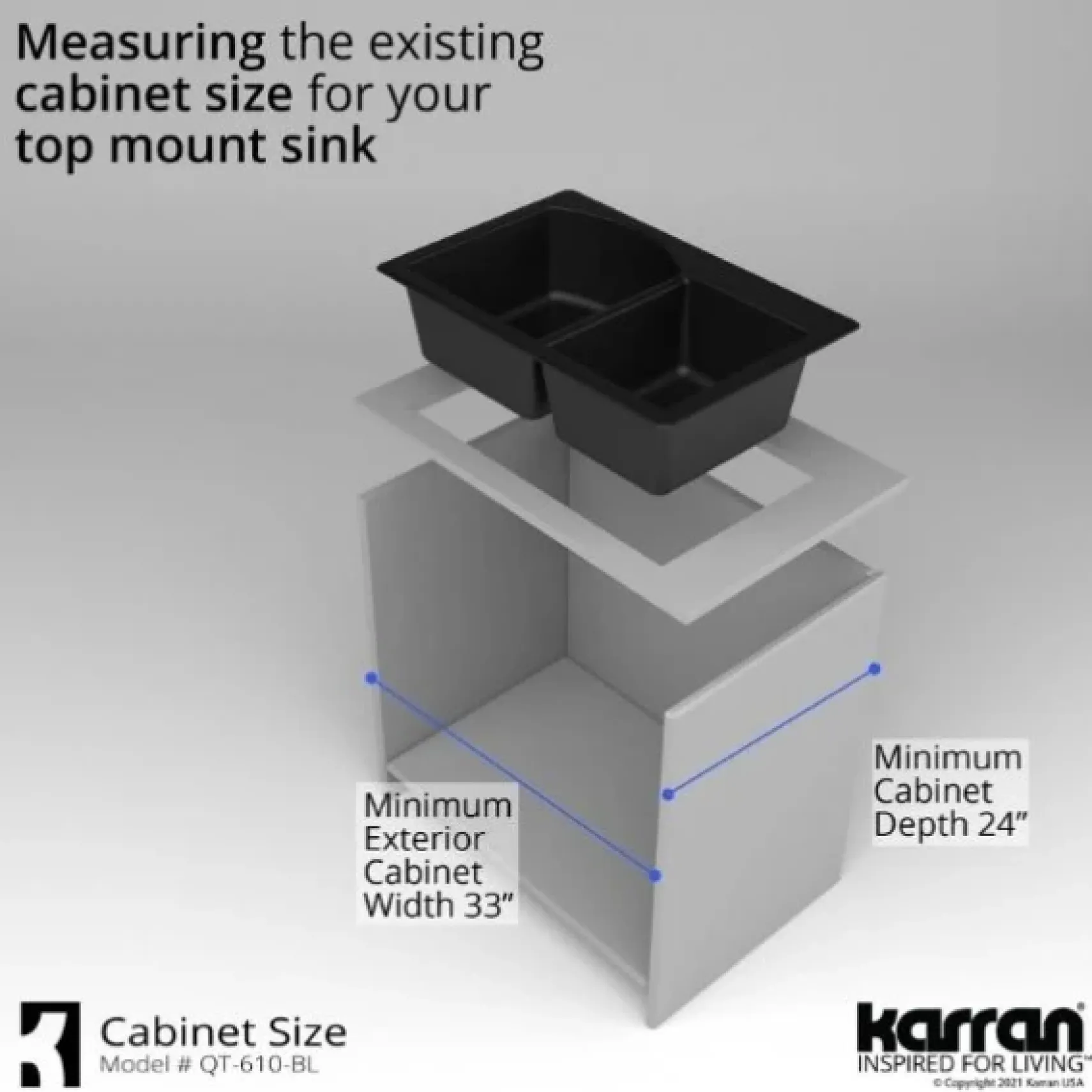 Karran 33" Drop In/Topmount Quartz Composite Kitchen Sink, 60/40 Double Bowl, Black, QT-610-BL-PK1