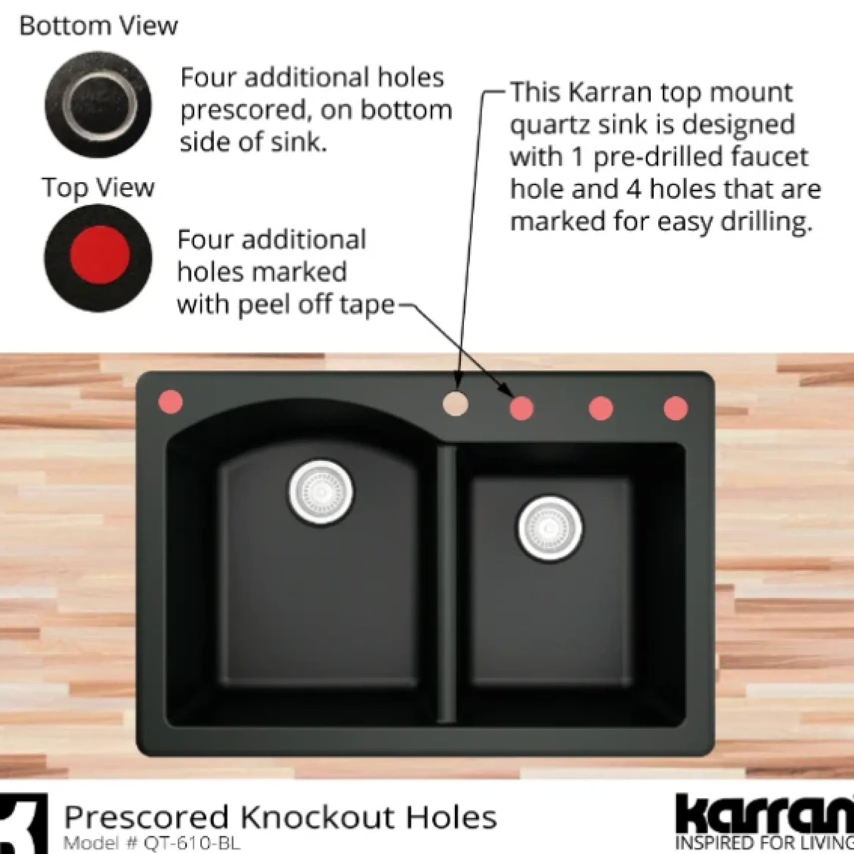 Karran 33" Drop In/Topmount Quartz Composite Kitchen Sink, 60/40 Double Bowl, Black, QT-610-BL-PK1