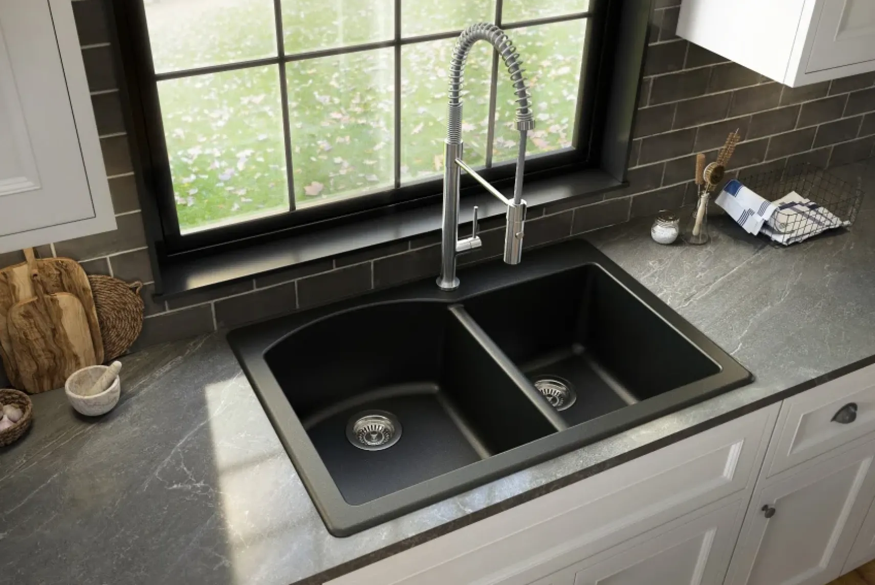 Karran 33" Drop In/Topmount Quartz Composite Kitchen Sink, 60/40 Double Bowl, Black, QT-610-BL-PK1