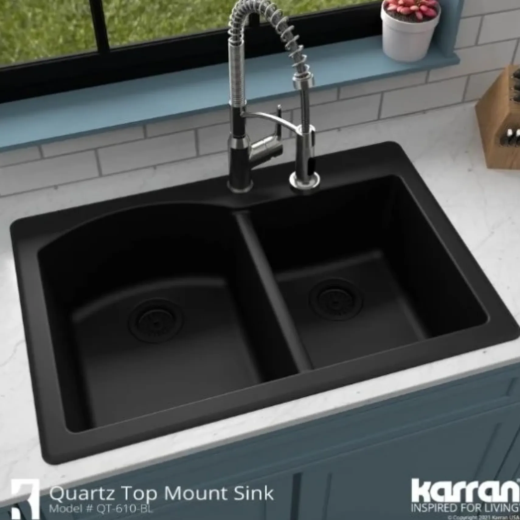 Karran 33" Drop In/Topmount Quartz Composite Kitchen Sink, 60/40 Double Bowl, Black, QT-610-BL-PK1