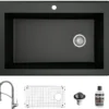 Karran 33" Drop In/Topmount Quartz Composite Kitchen Sink with Stainless Steel Faucet and Accessories, Black, QT670BL210SS