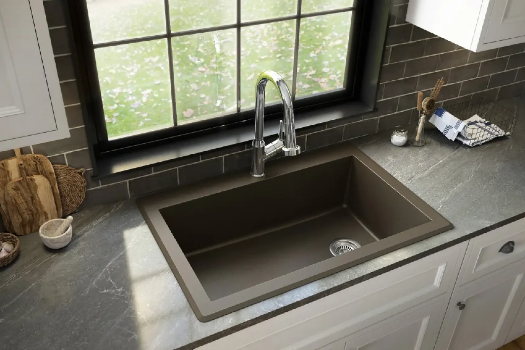 Karran 33" Drop In/Topmount Quartz Composite Kitchen Sink, Brown, QT-670-BR-PK1