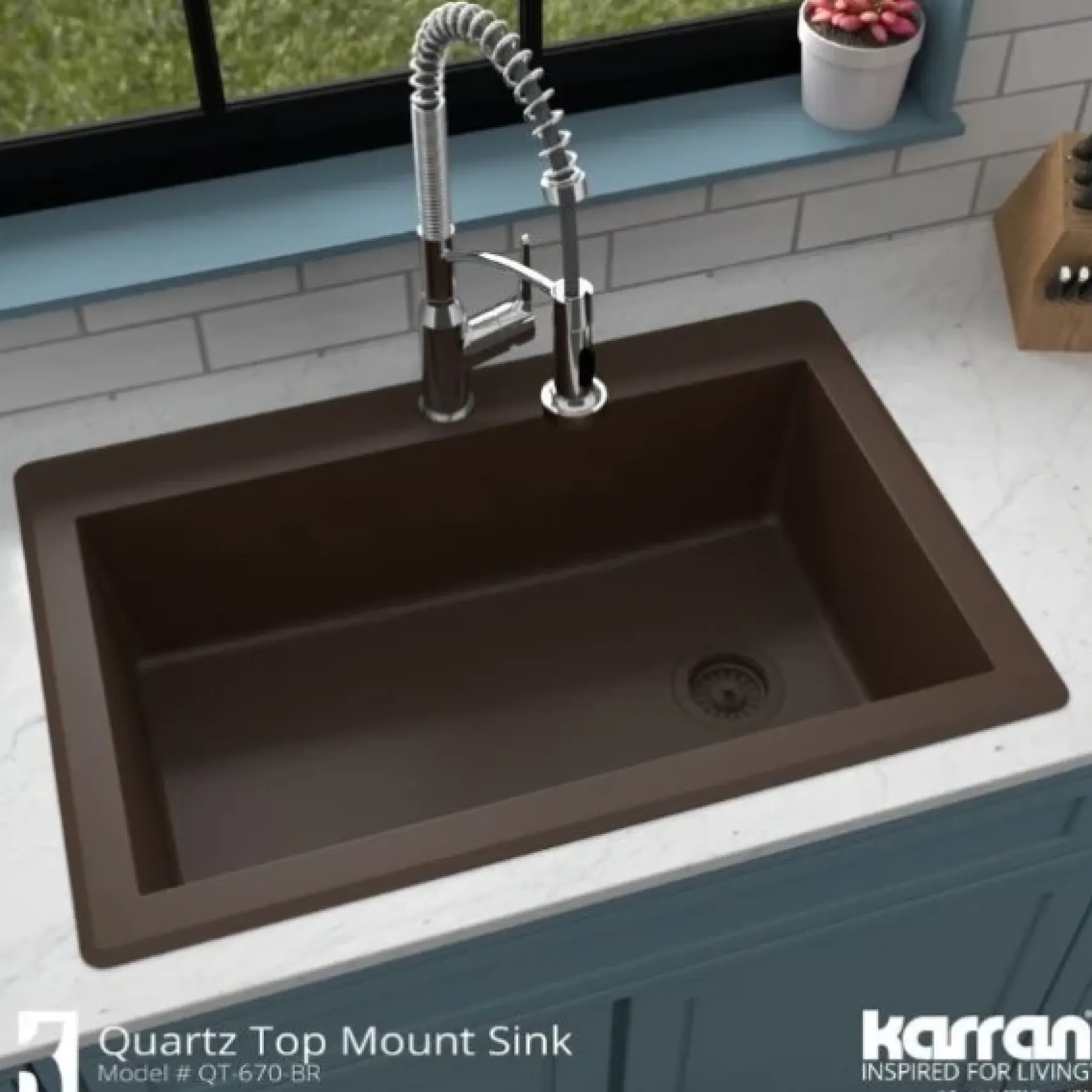 Karran 33" Drop In/Topmount Quartz Composite Kitchen Sink, Brown, QT-670-BR-PK1