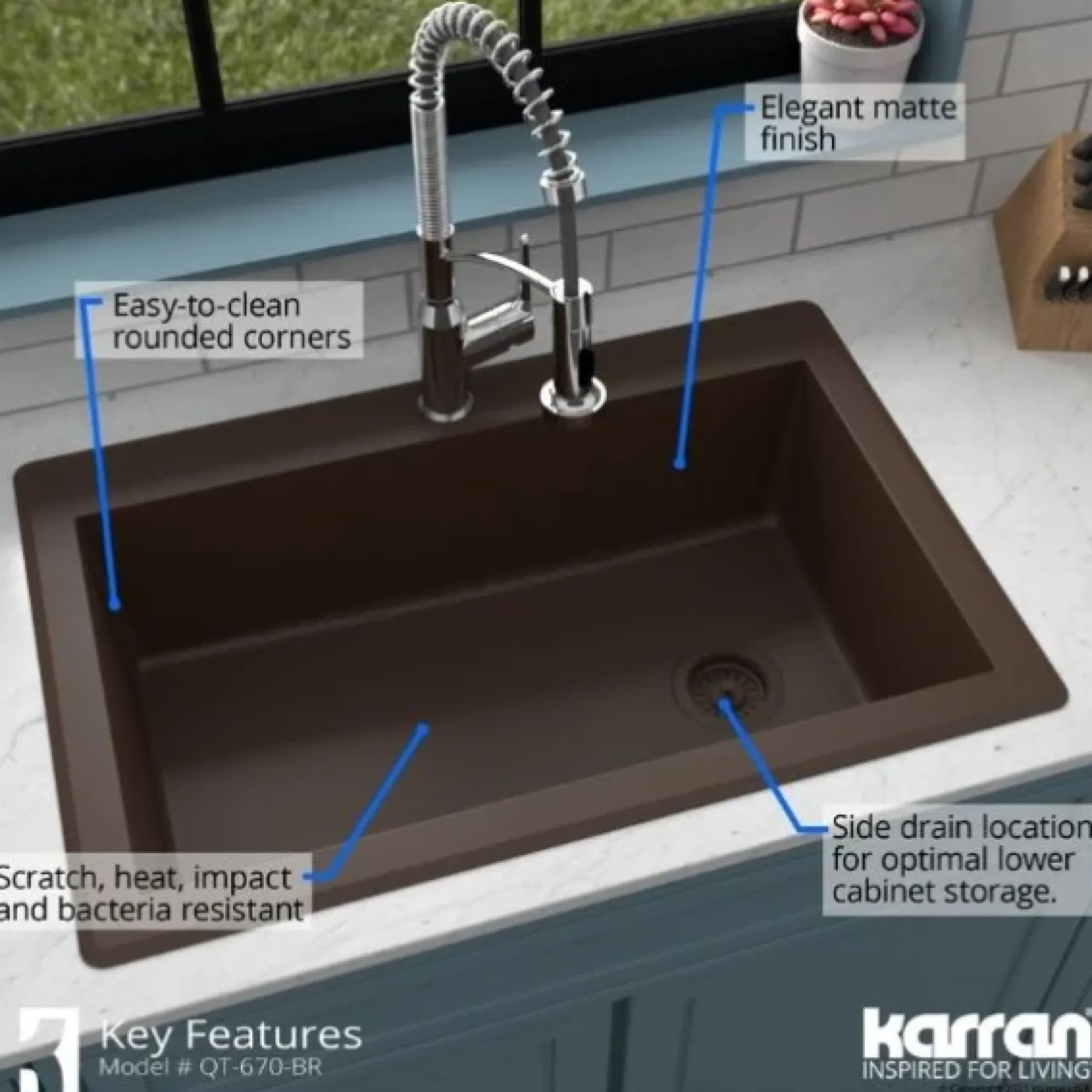 Karran 33" Drop In/Topmount Quartz Composite Kitchen Sink, Brown, QT-670-BR-PK1