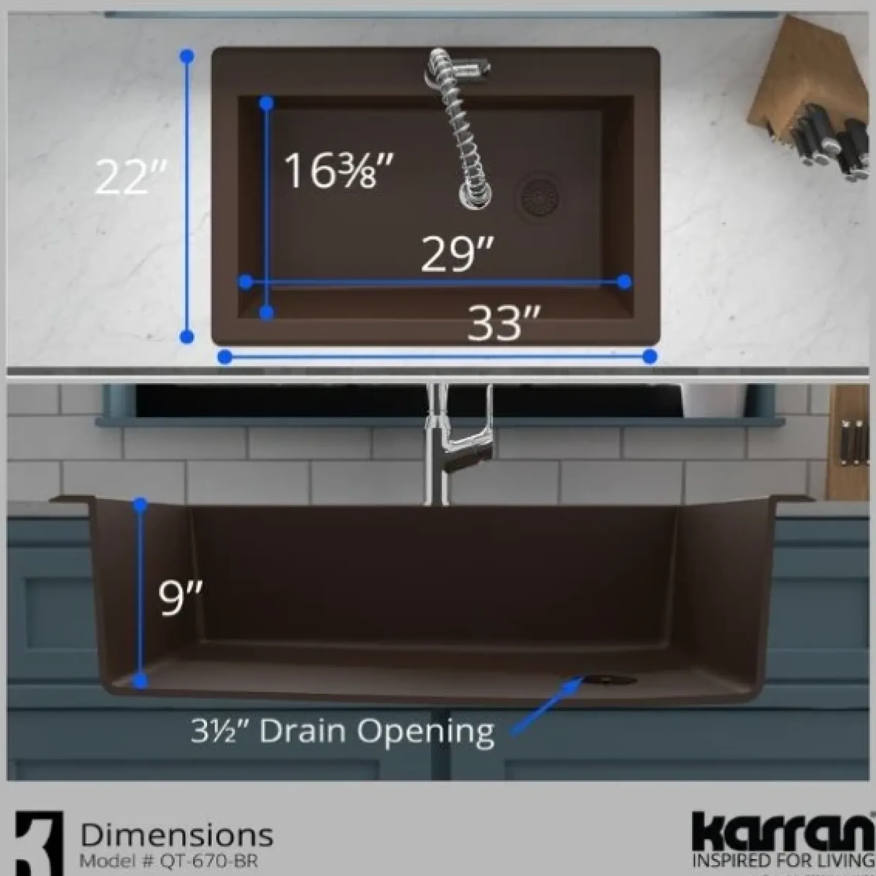 Karran 33" Drop In/Topmount Quartz Composite Kitchen Sink, Brown, QT-670-BR-PK1