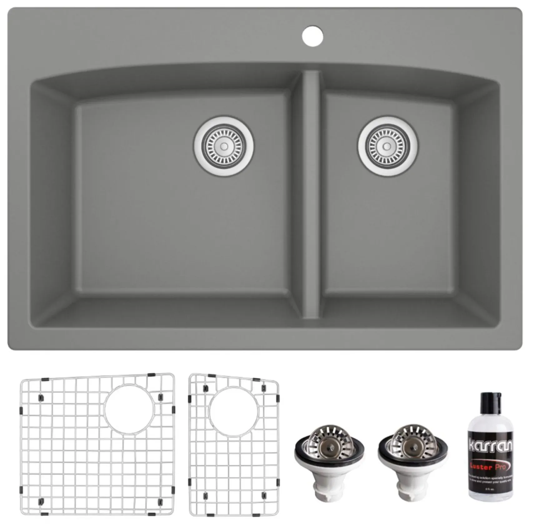 Karran 33" Drop In/Topmount Quartz Composite Kitchen Sink, 60/40 Double Bowl, Grey, QT-711-GR-PK1