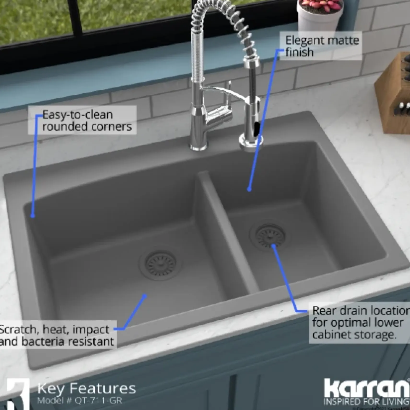 Karran 33" Drop In/Topmount Quartz Composite Kitchen Sink, 60/40 Double Bowl, Grey, QT-711-GR-PK1