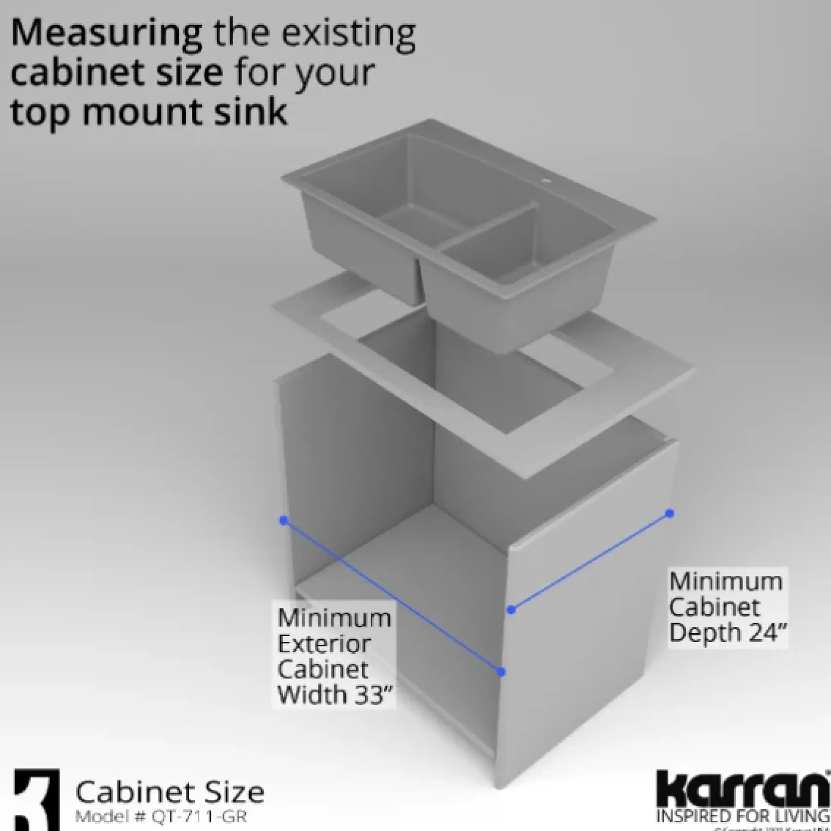 Karran 33" Drop In/Topmount Quartz Composite Kitchen Sink, 60/40 Double Bowl, Grey, QT-711-GR-PK1