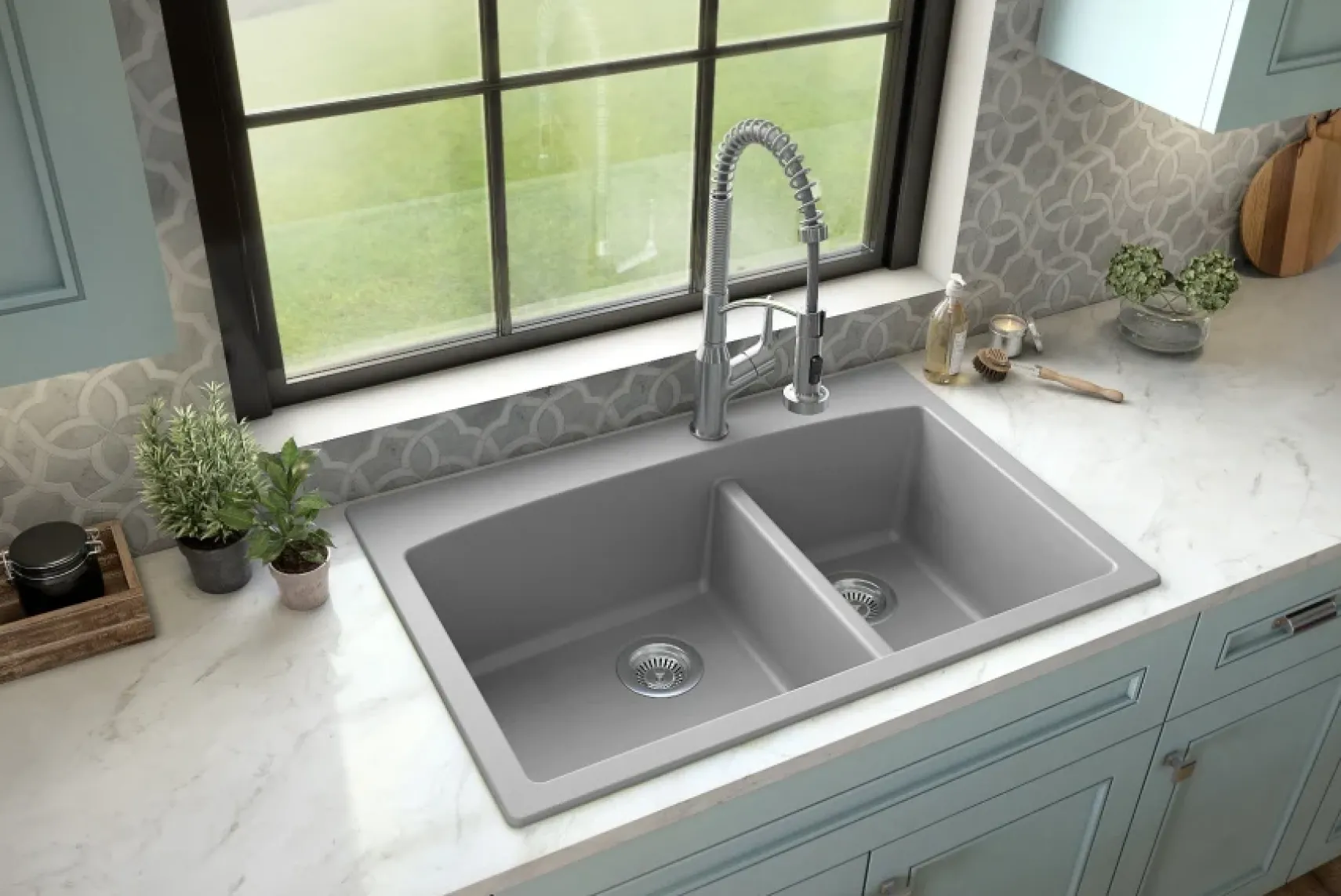 Karran 33" Drop In/Topmount Quartz Composite Kitchen Sink, 60/40 Double Bowl, Grey, QT-711-GR-PK1