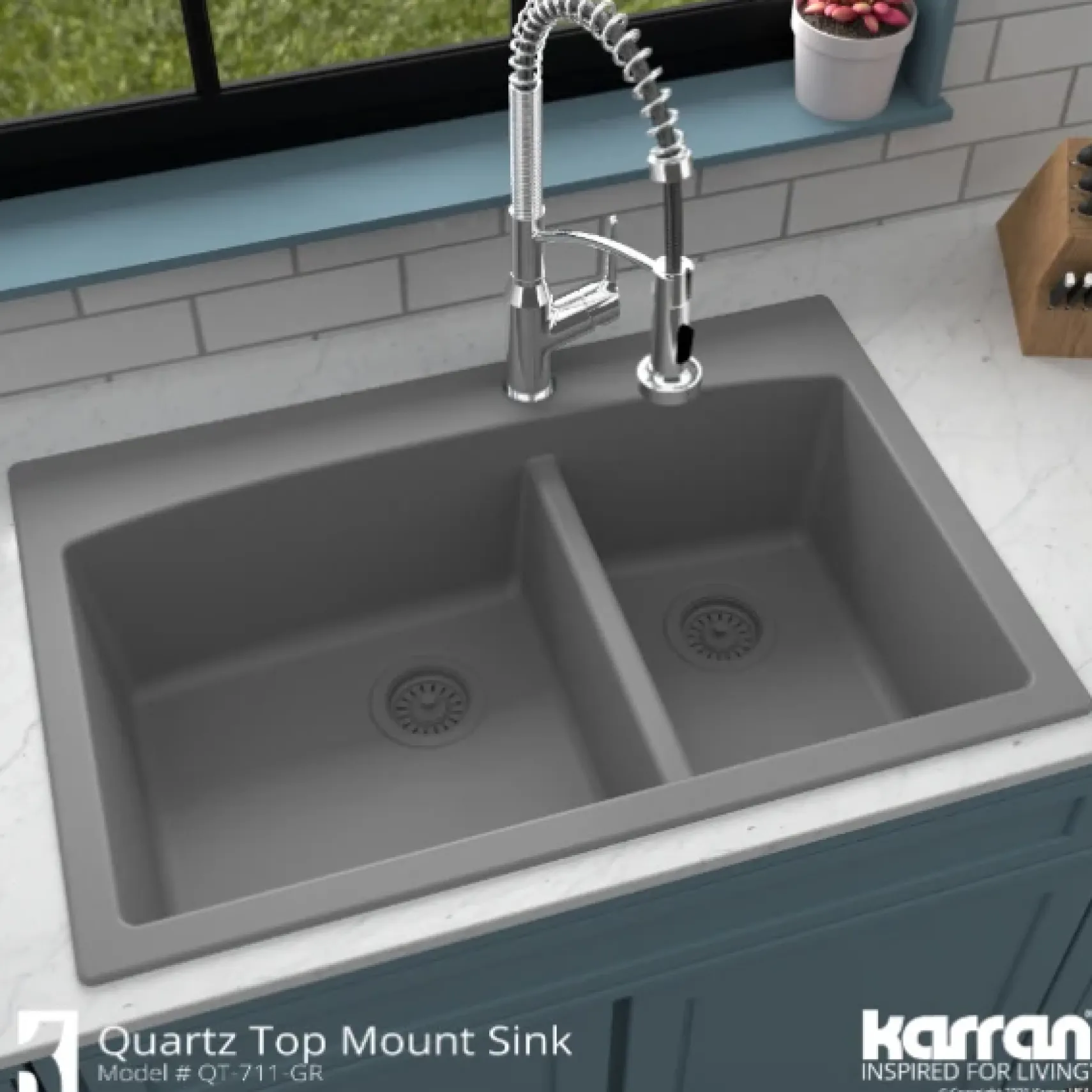 Karran 33" Drop In/Topmount Quartz Composite Kitchen Sink, 60/40 Double Bowl, Grey, QT-711-GR-PK1