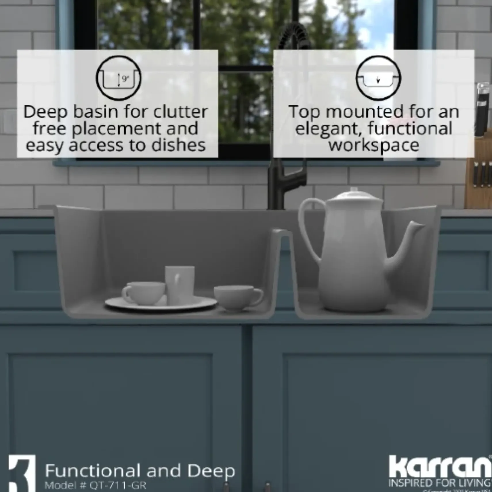 Karran 33" Drop In/Topmount Quartz Composite Kitchen Sink, 60/40 Double Bowl, Grey, QT-711-GR-PK1