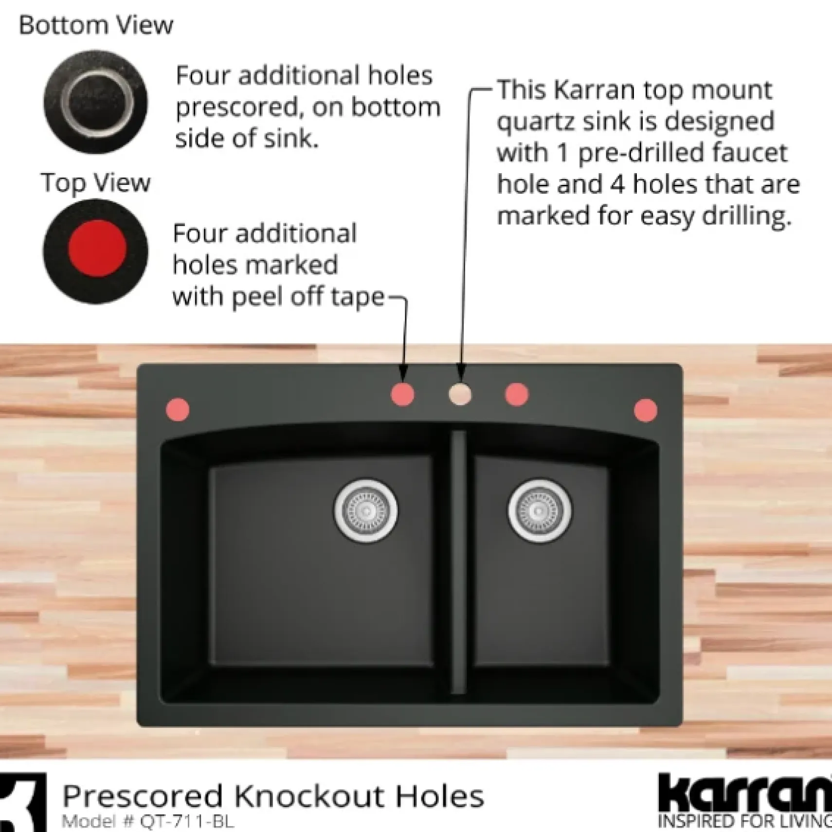 Karran 33" Drop In/Topmount Quartz Composite Kitchen Sink, 60/40 Double Bowl, White, QT-711-WH