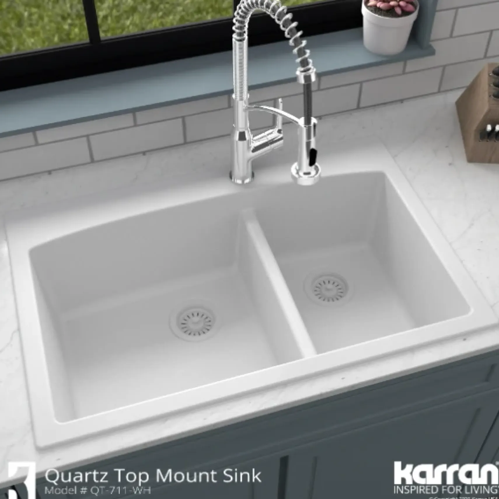 Karran 33" Drop In/Topmount Quartz Composite Kitchen Sink, 60/40 Double Bowl, White, QT-711-WH