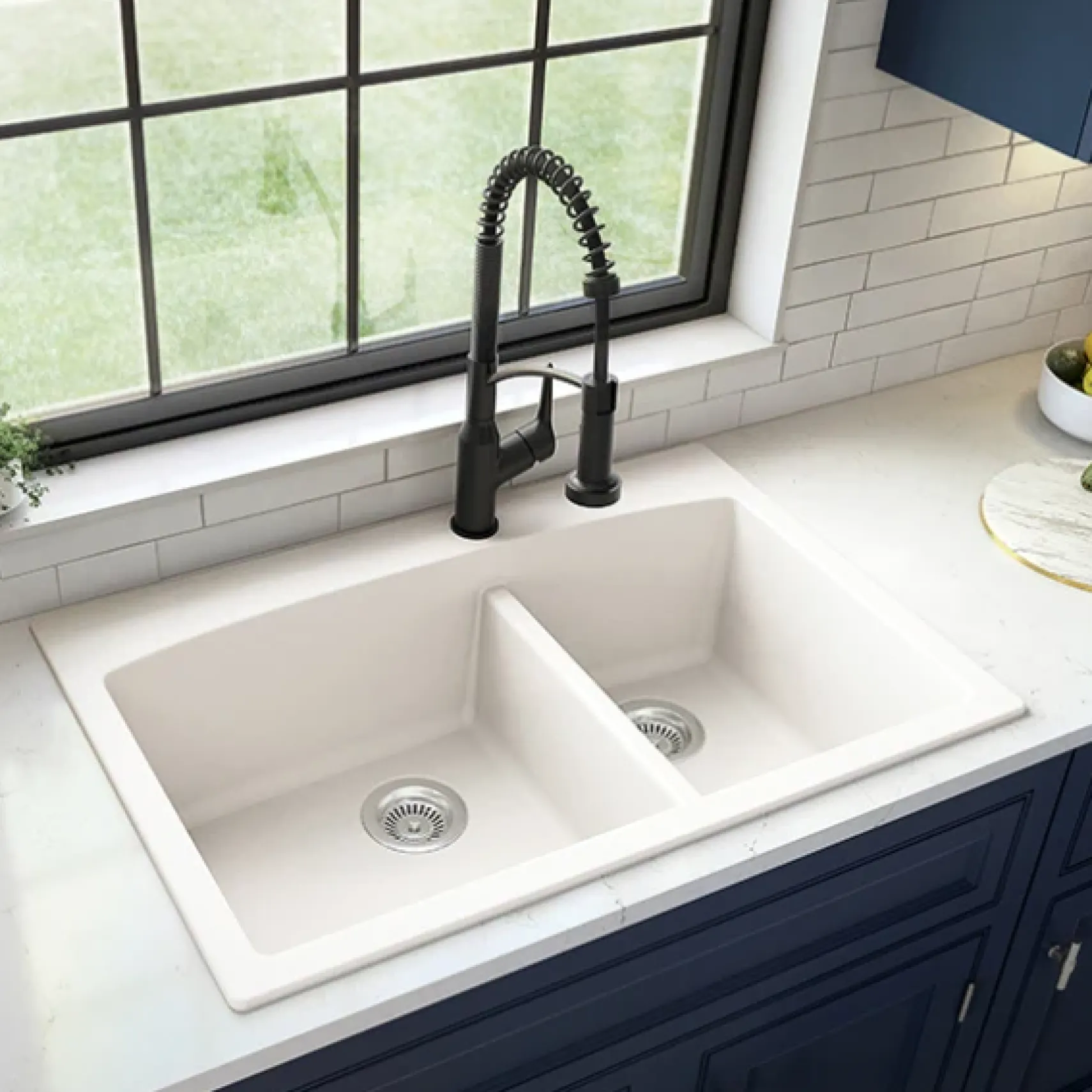 Karran 33" Drop In/Topmount Quartz Composite Kitchen Sink, 60/40 Double Bowl, White, QT-711-WH