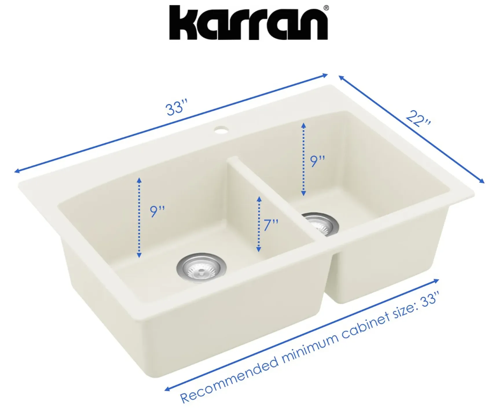 Karran 33" Drop In/Topmount Quartz Composite Kitchen Sink, 60/40 Double Bowl, White, QT-711-WH