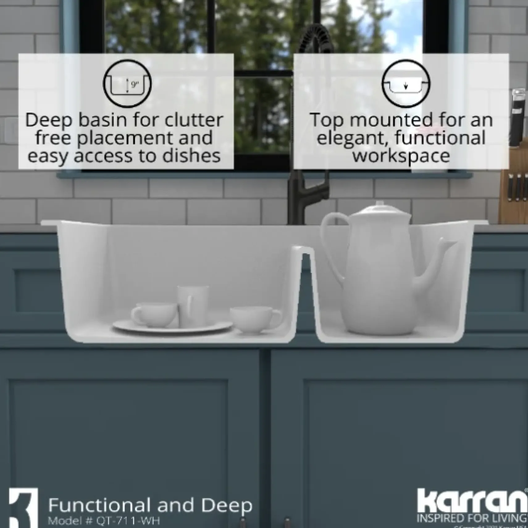 Karran 33" Drop In/Topmount Quartz Composite Kitchen Sink, 60/40 Double Bowl, White, QT-711-WH