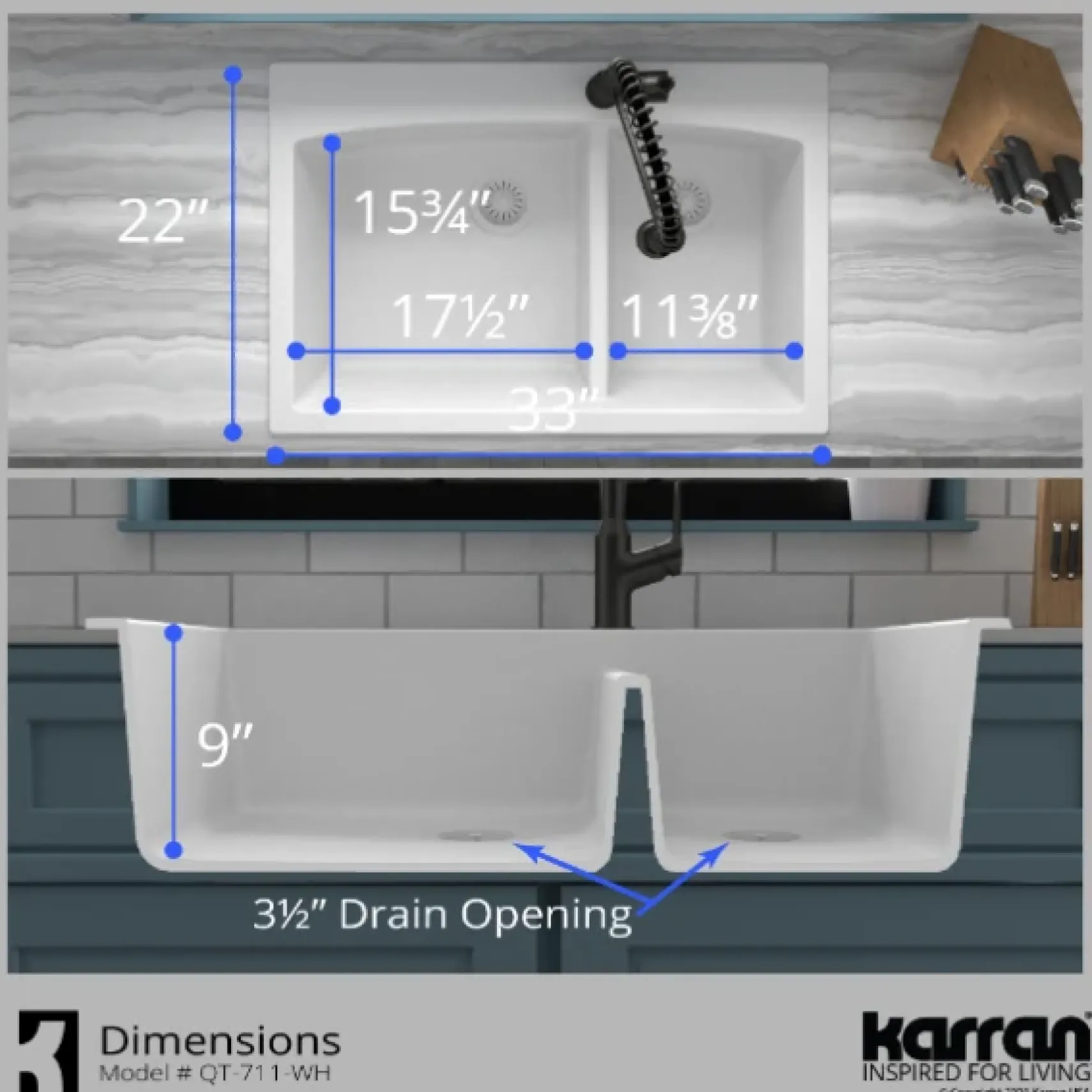 Karran 33" Drop In/Topmount Quartz Composite Kitchen Sink, 60/40 Double Bowl, White, QT-711-WH