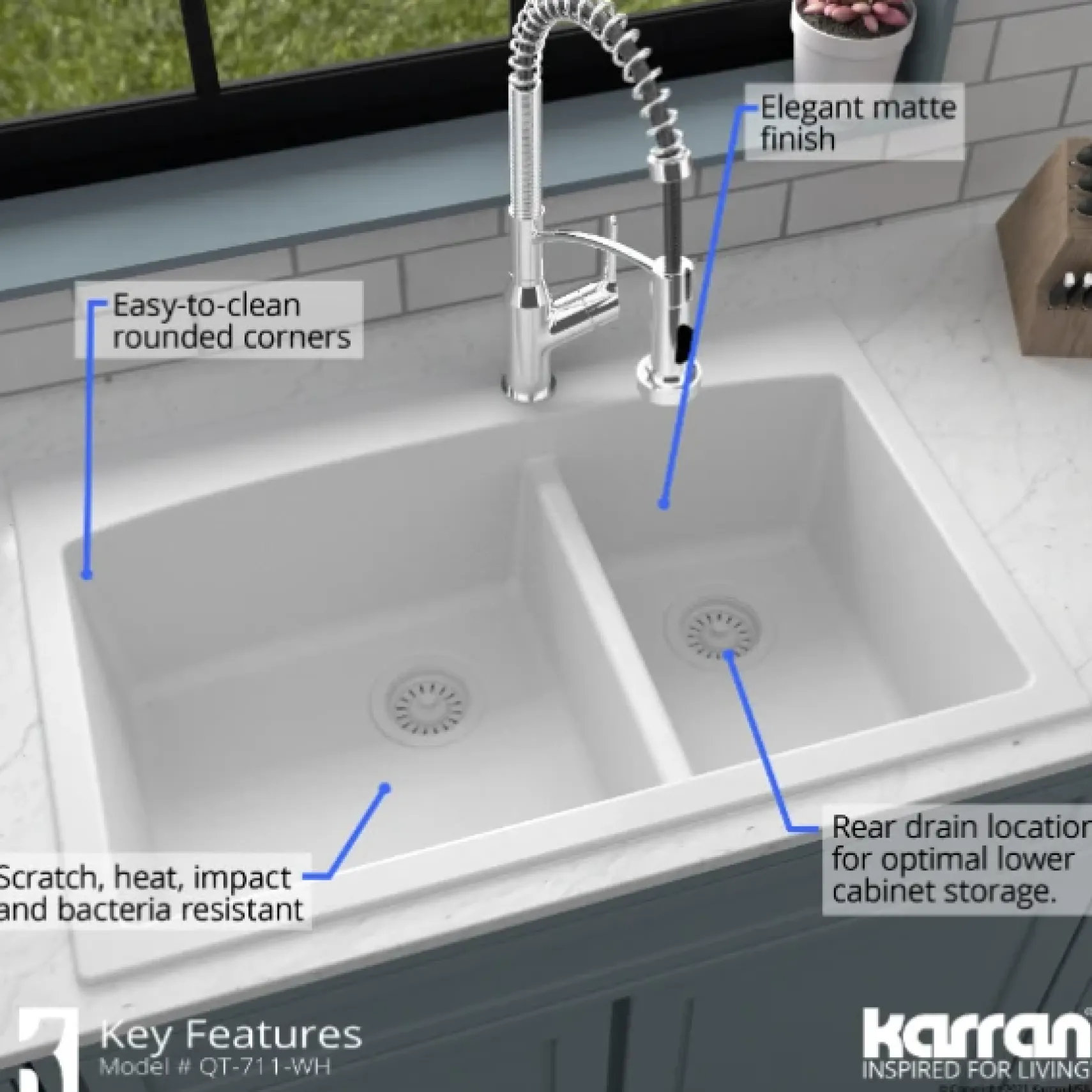 Karran 33" Drop In/Topmount Quartz Composite Kitchen Sink, 60/40 Double Bowl, White, QT-711-WH