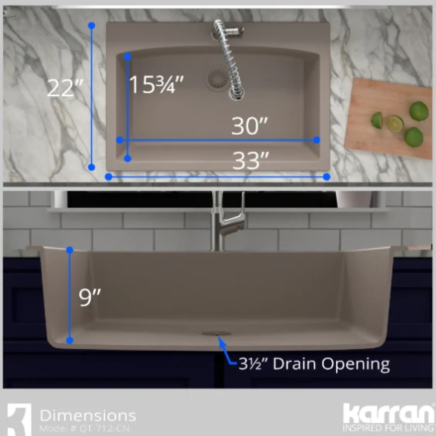 Karran 33" Drop In/Topmount Quartz Composite Kitchen Sink, Concrete, QT-712-CN