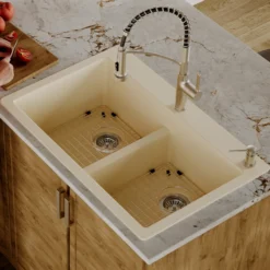 Karran 33" Drop In/Topmount Quartz Composite Kitchen Sink with Accessories, 50/50 Double Bowl, Bisque, QT-810-BI-PK1