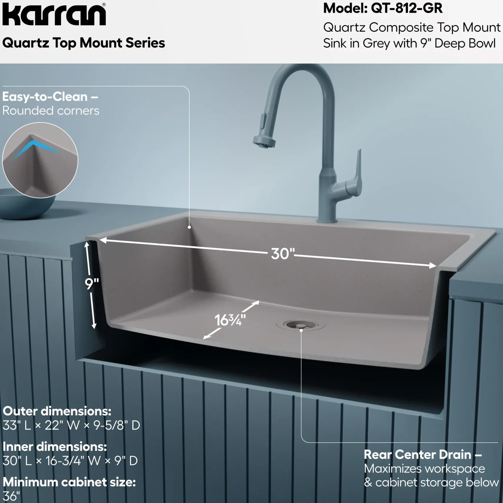 Karran 33" Drop In/Topmount Quartz Composite Kitchen Sink, Grey, QT-812-GR