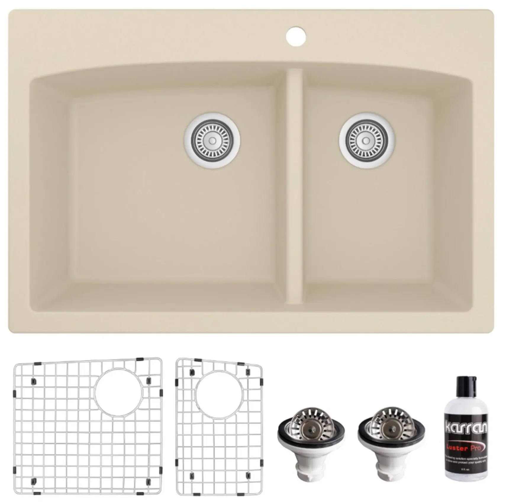 Karran 33" Drop In/Topmount Quartz Composite Kitchen Sink, 60/40 Double Bowl, Bisque, QT-711-BI-PK1