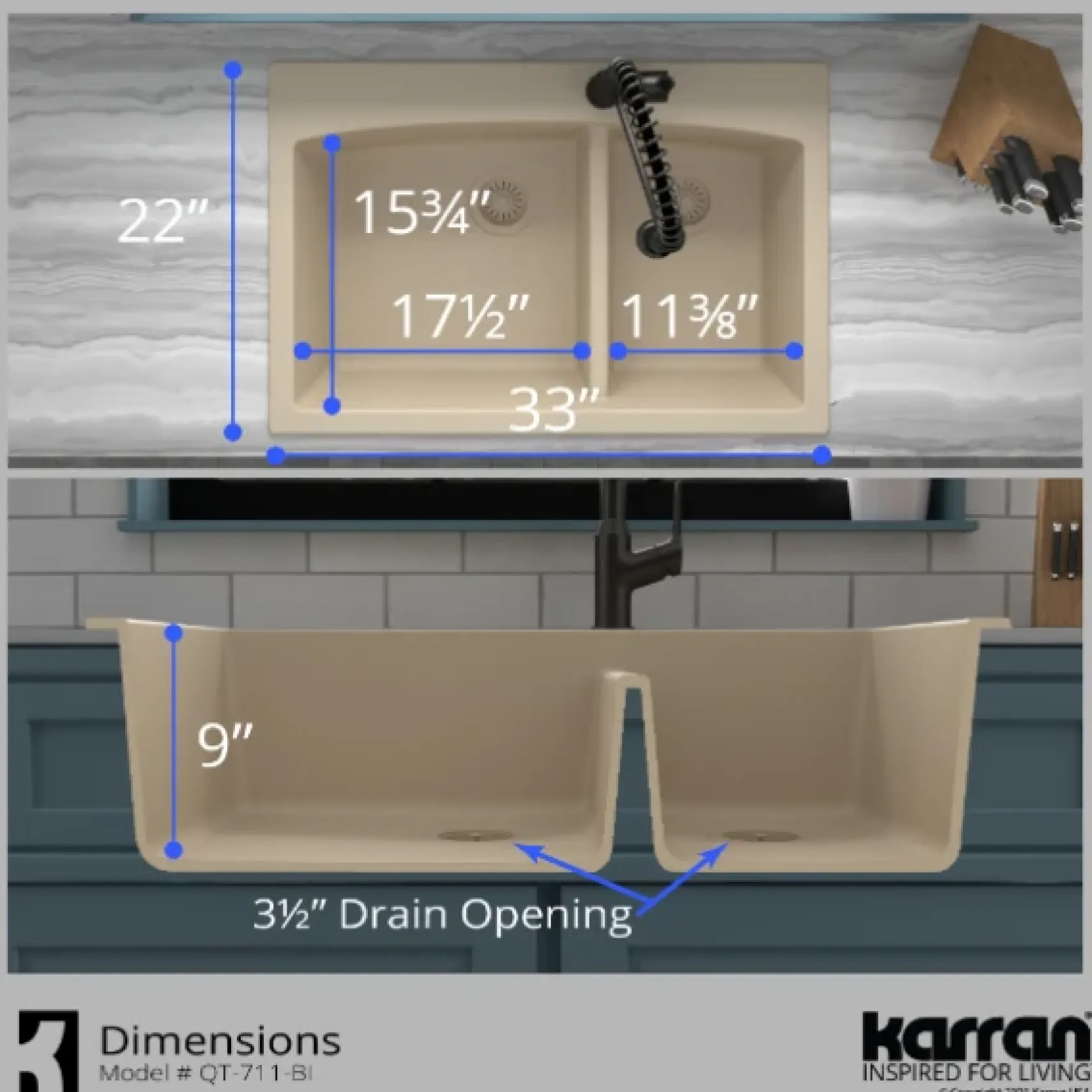 Karran 33" Drop In/Topmount Quartz Composite Kitchen Sink, 60/40 Double Bowl, Bisque, QT-711-BI-PK1