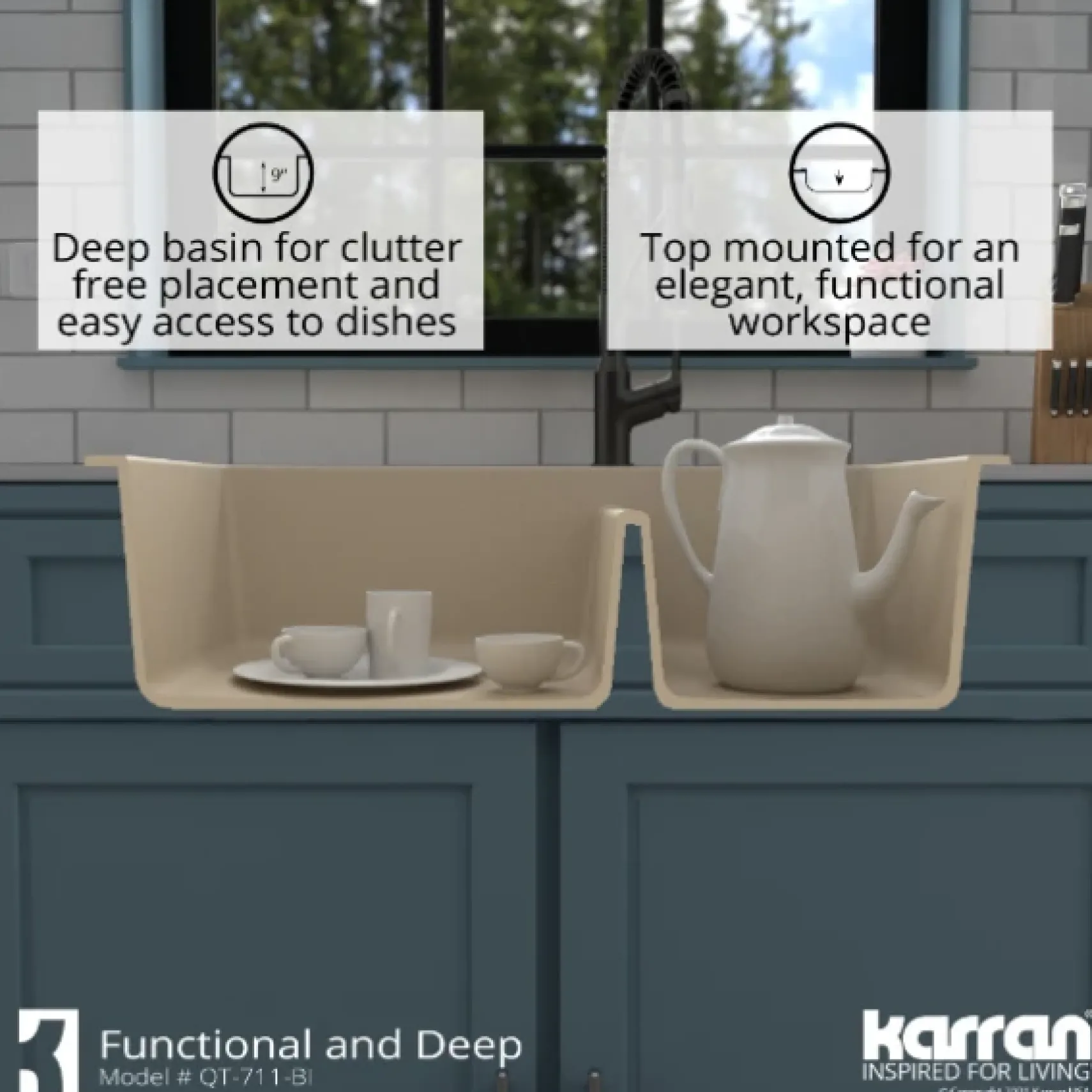 Karran 33" Drop In/Topmount Quartz Composite Kitchen Sink, 60/40 Double Bowl, Bisque, QT-711-BI-PK1