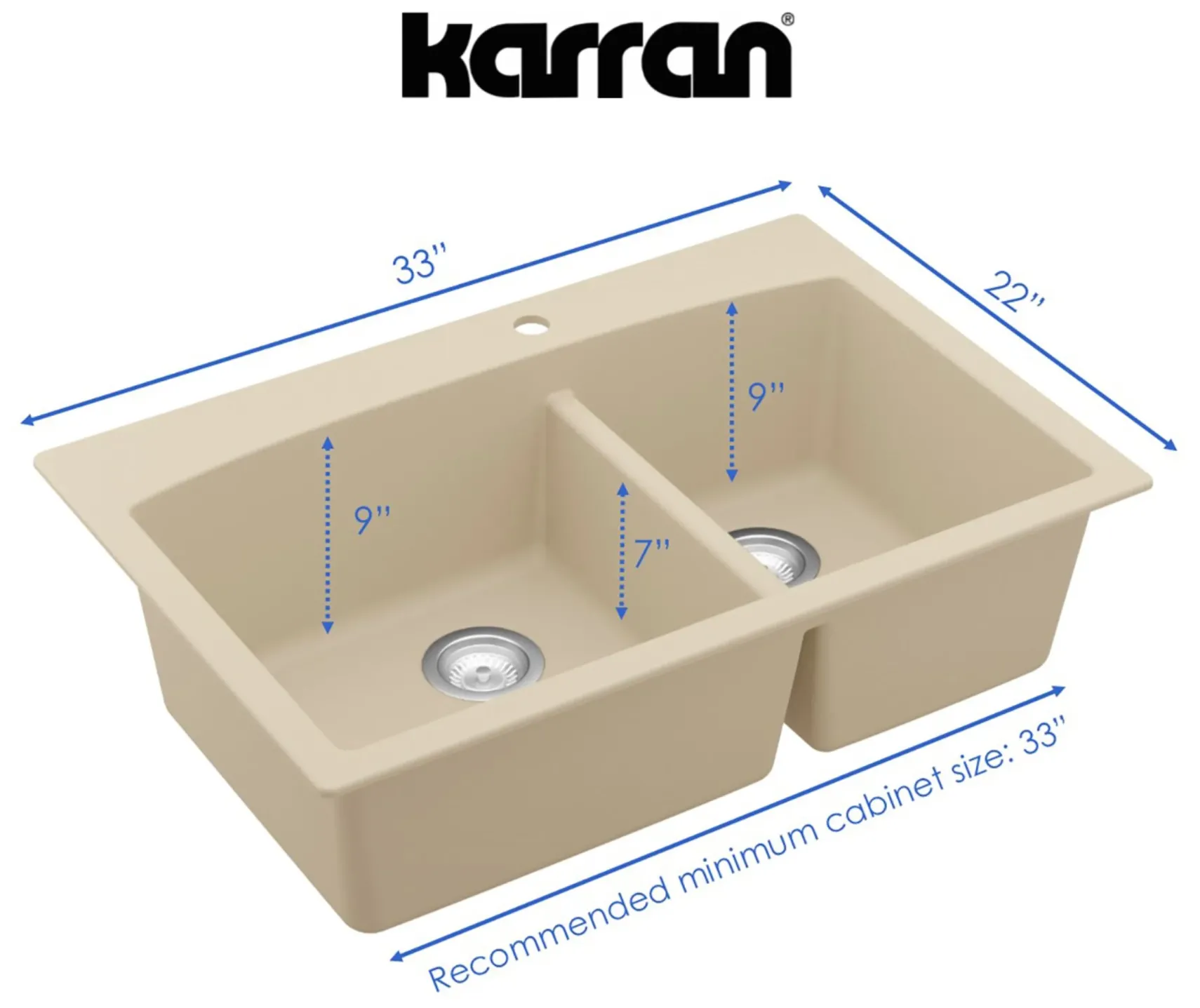 Karran 33" Drop In/Topmount Quartz Composite Kitchen Sink, 60/40 Double Bowl, Bisque, QT-711-BI-PK1