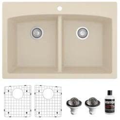 Karran 33" Drop In/Topmount Quartz Composite Kitchen Sink, 50/50 Double Bowl, Bisque, QT-710-BI-PK1