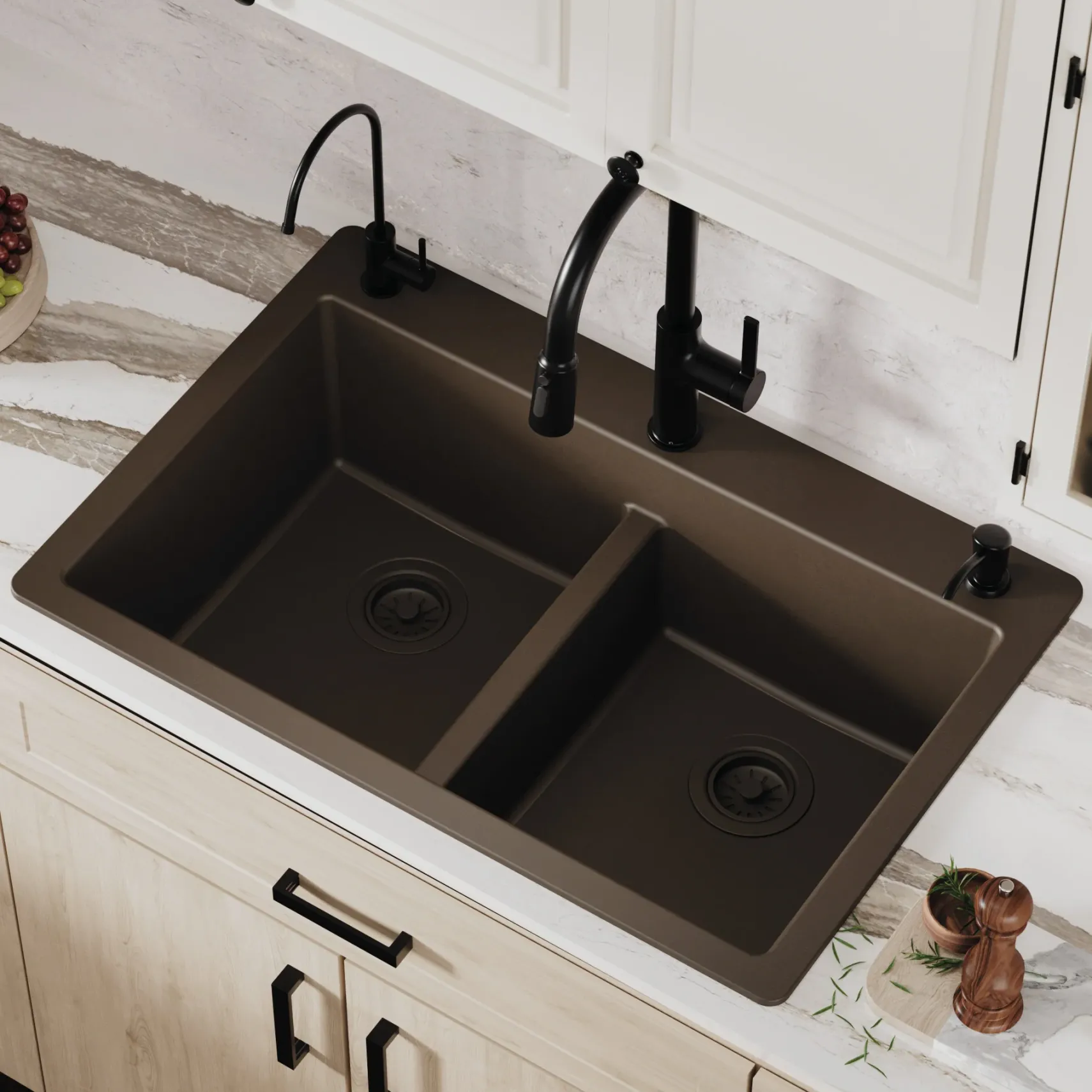 Karran 33" Drop In/Topmount Quartz Composite Kitchen Sink, 50/50 Double Bowl, Brown, QT-810-BR