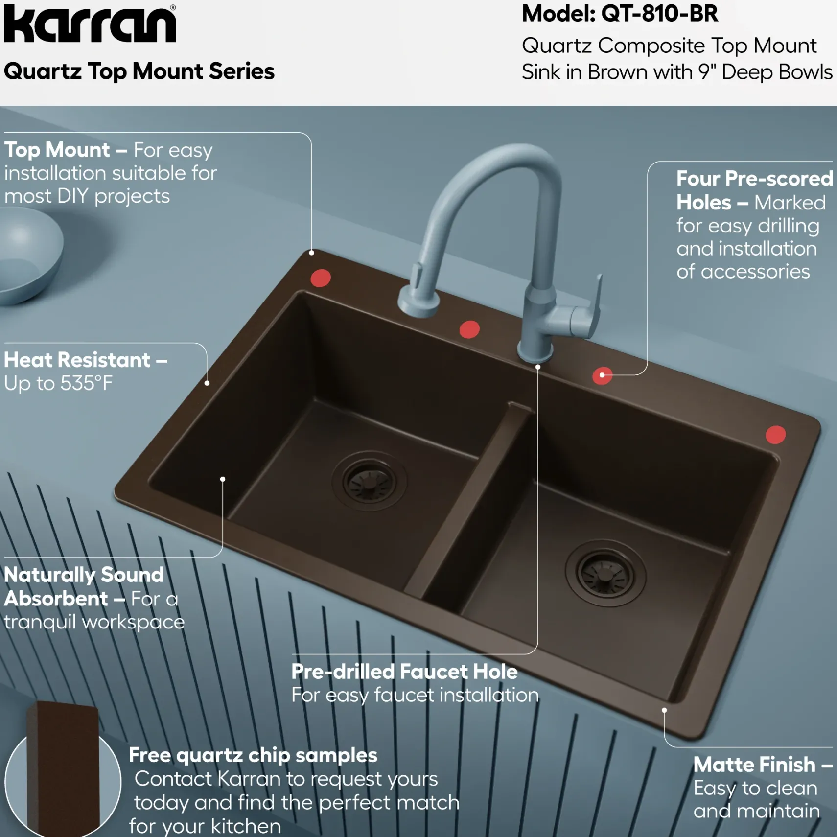 Karran 33" Drop In/Topmount Quartz Composite Kitchen Sink, 50/50 Double Bowl, Brown, QT-810-BR