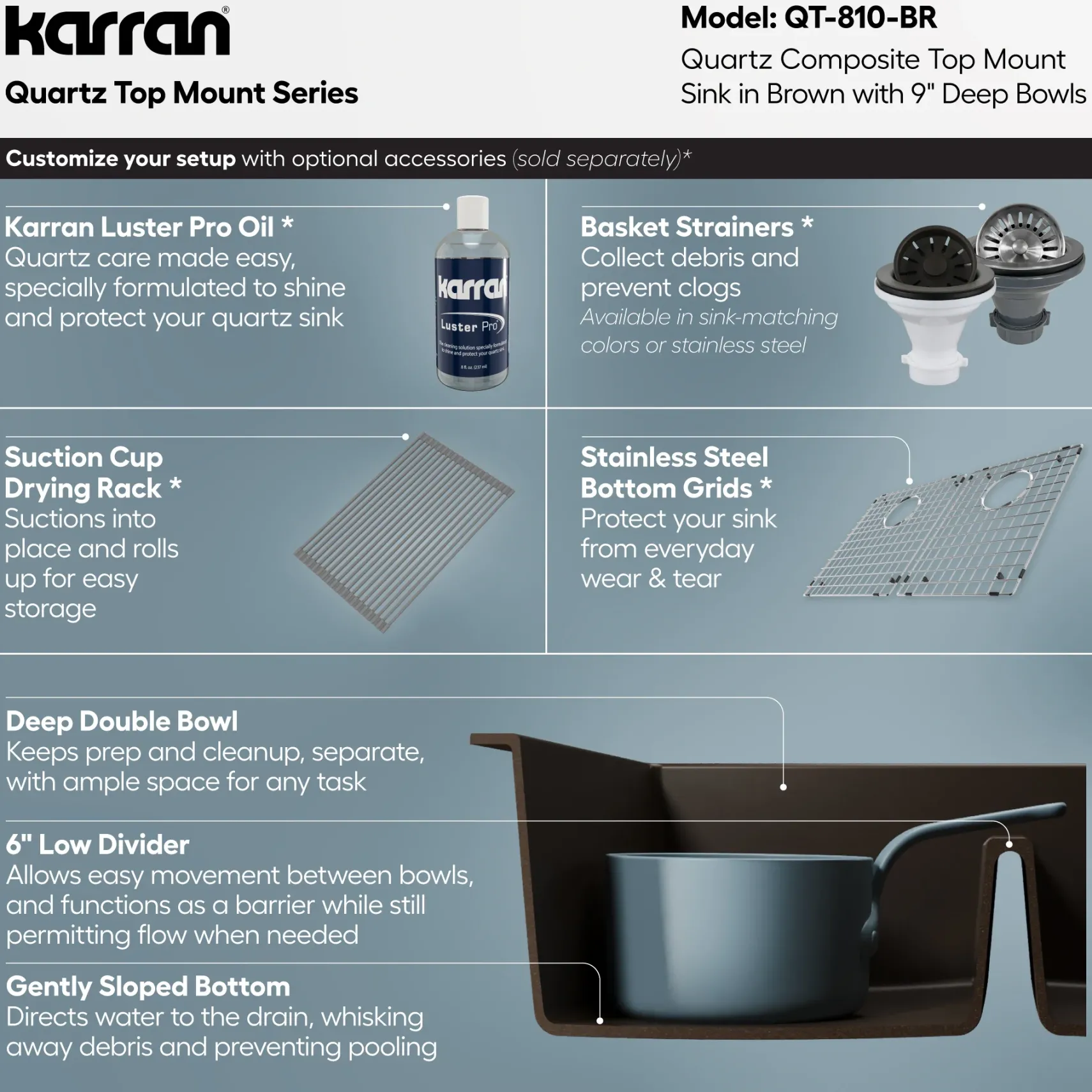 Karran 33" Drop In/Topmount Quartz Composite Kitchen Sink, 50/50 Double Bowl, Brown, QT-810-BR