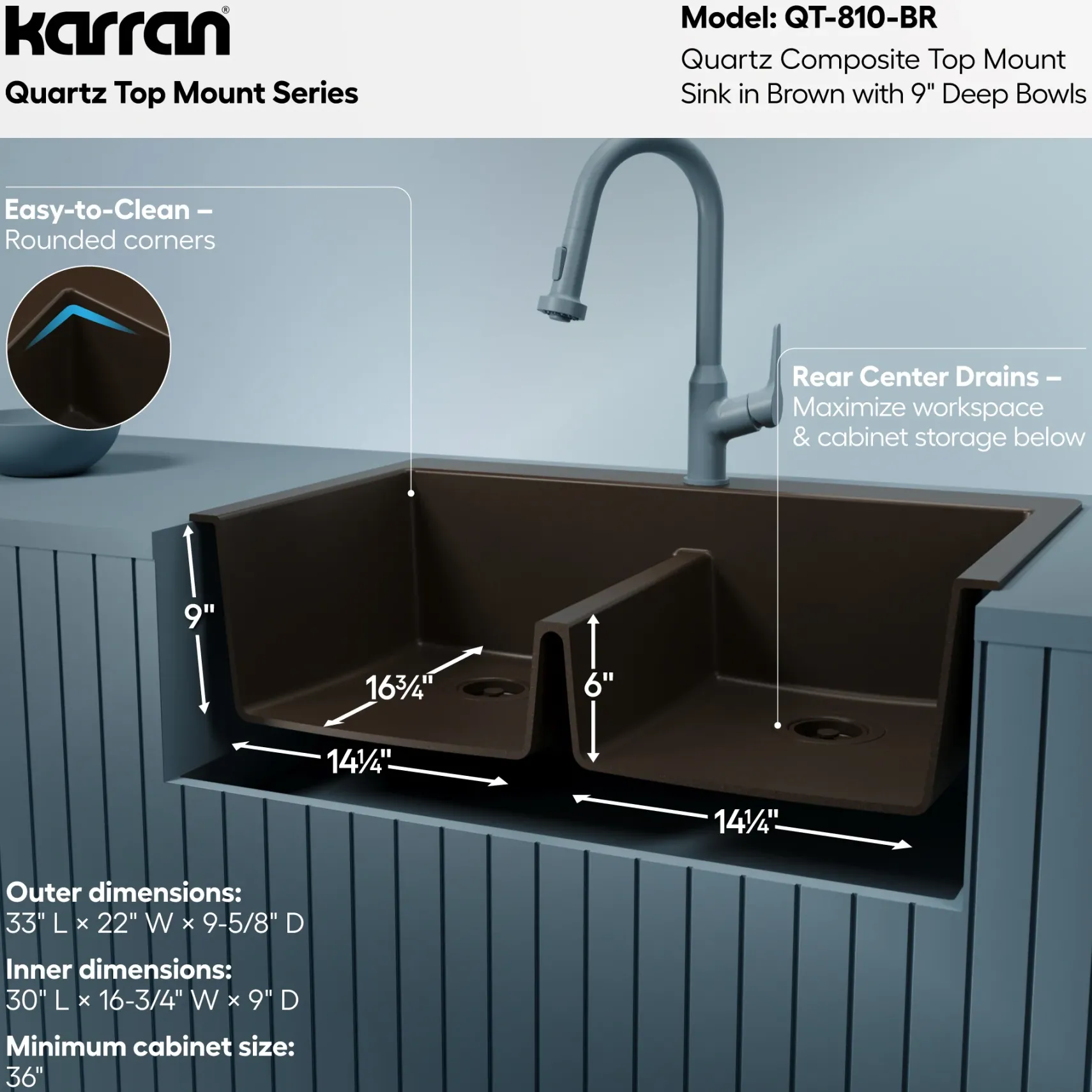 Karran 33" Drop In/Topmount Quartz Composite Kitchen Sink, 50/50 Double Bowl, Brown, QT-810-BR