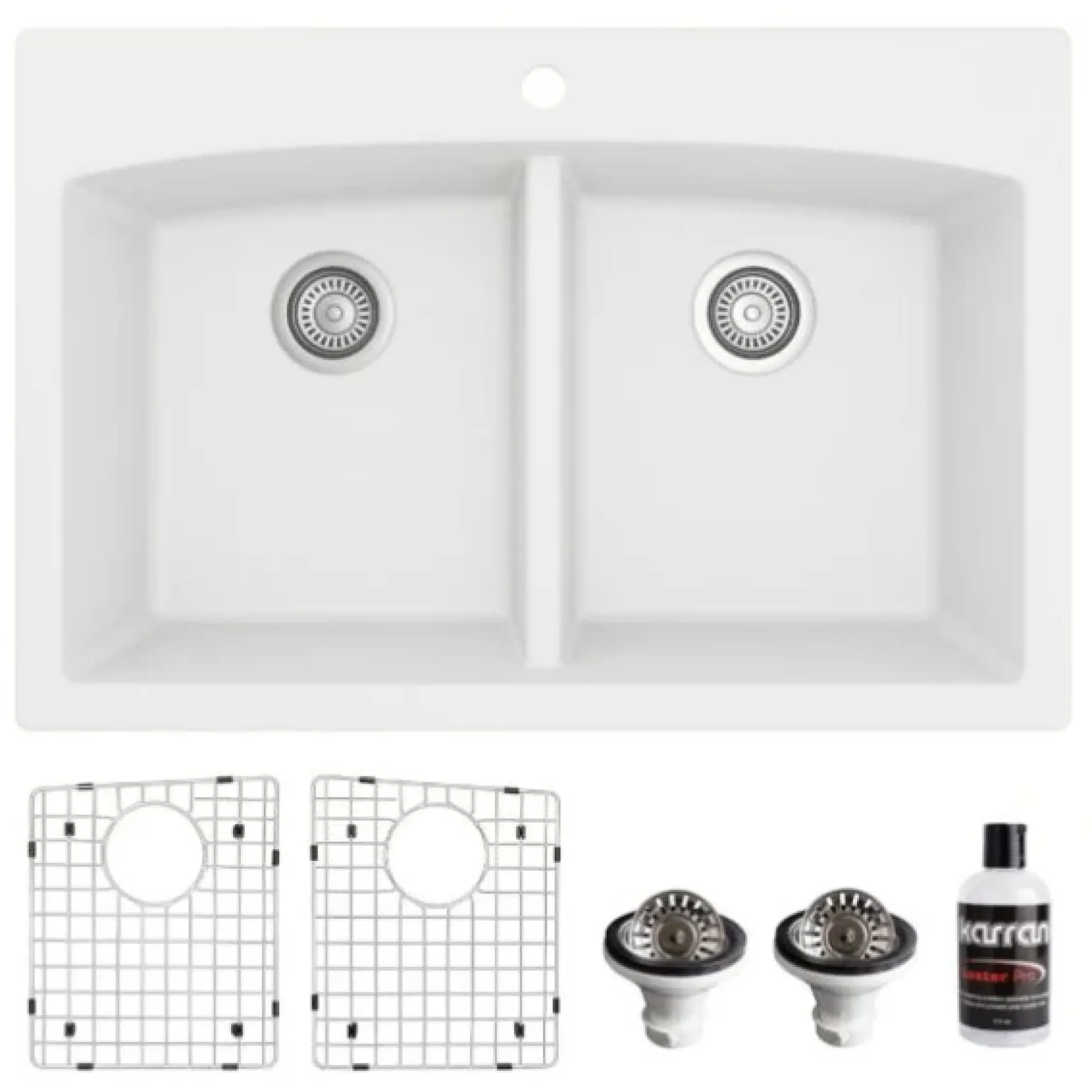 Karran 33" Drop In/Topmount Quartz Composite Kitchen Sink, 50/50 Double Bowl, White, QT-710-WH-PK1