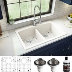 Karran 33" Drop In/Topmount Quartz Composite Kitchen Sink, 50/50 Double Bowl, White, QT-710-WH-PK1