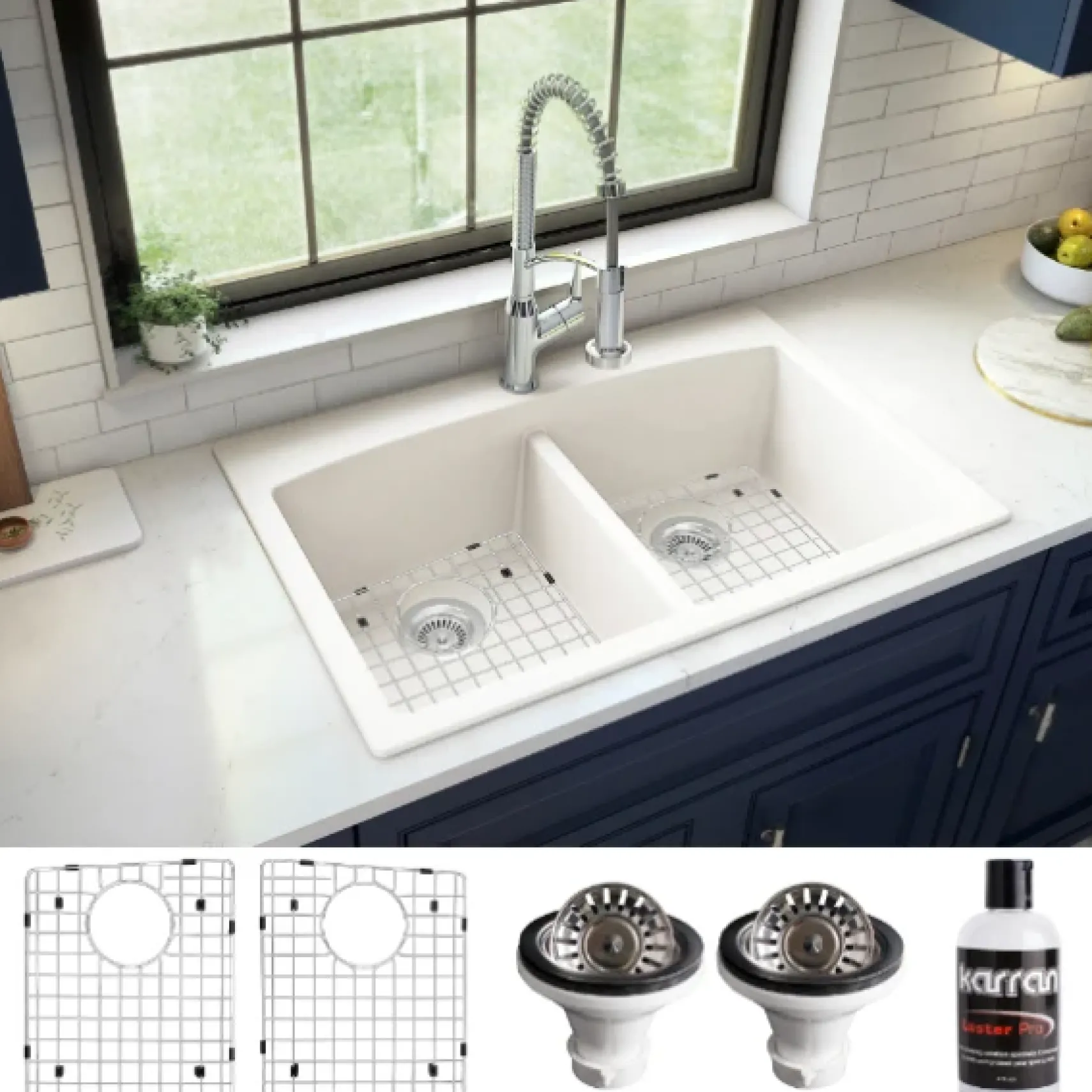 Karran 33" Drop In/Topmount Quartz Composite Kitchen Sink, 50/50 Double Bowl, White, QT-710-WH-PK1