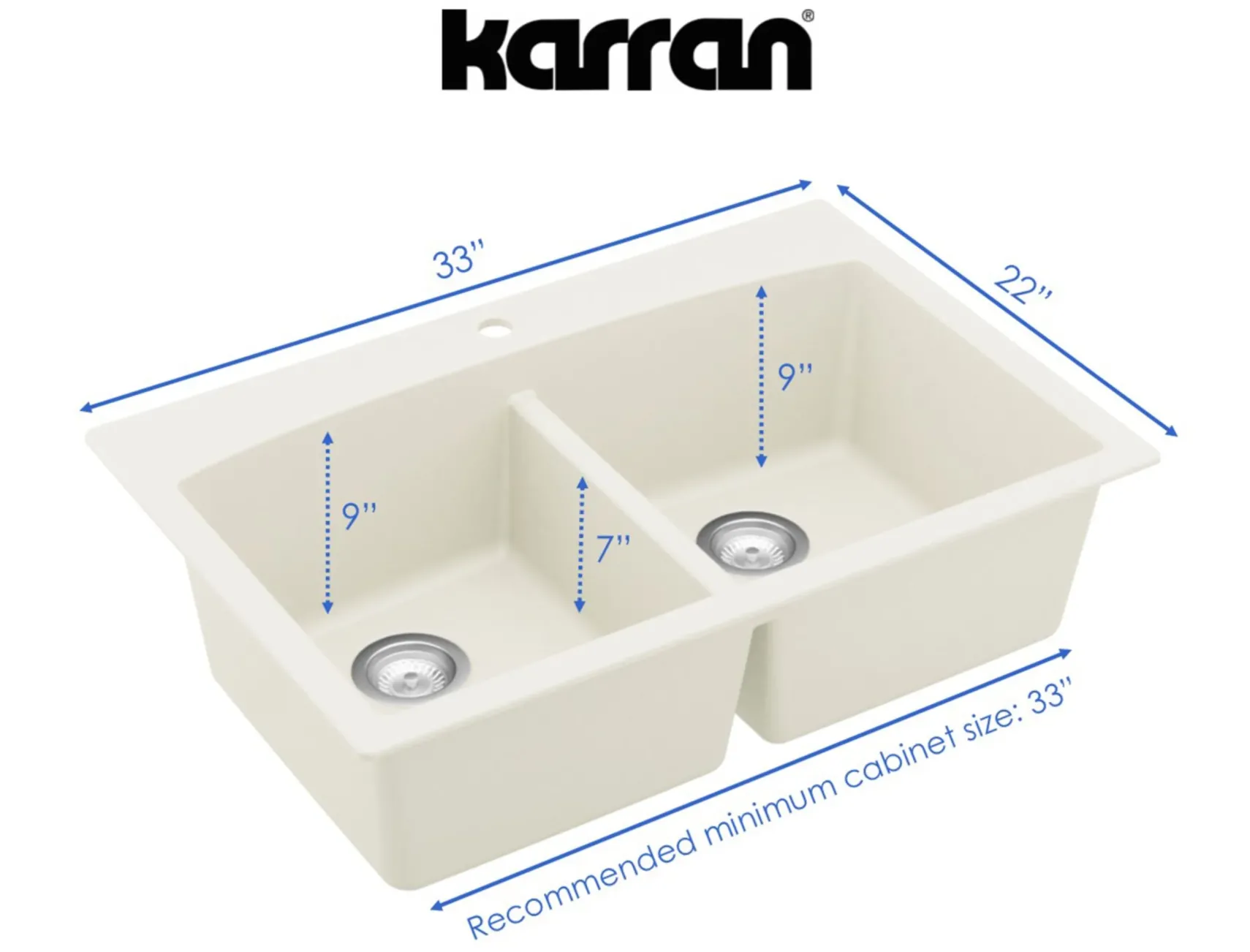 Karran 33" Drop In/Topmount Quartz Composite Kitchen Sink, 50/50 Double Bowl, White, QT-710-WH-PK1