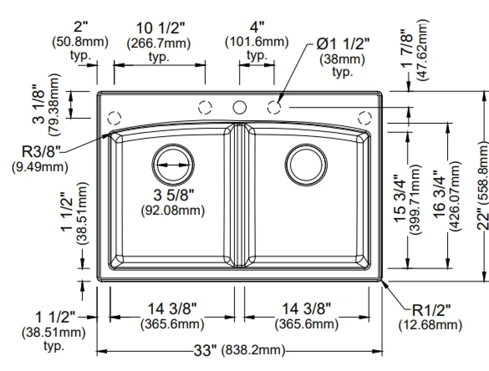 Karran 33" Drop In/Topmount Quartz Composite Kitchen Sink, 50/50 Double Bowl, White, QT-710-WH-PK1