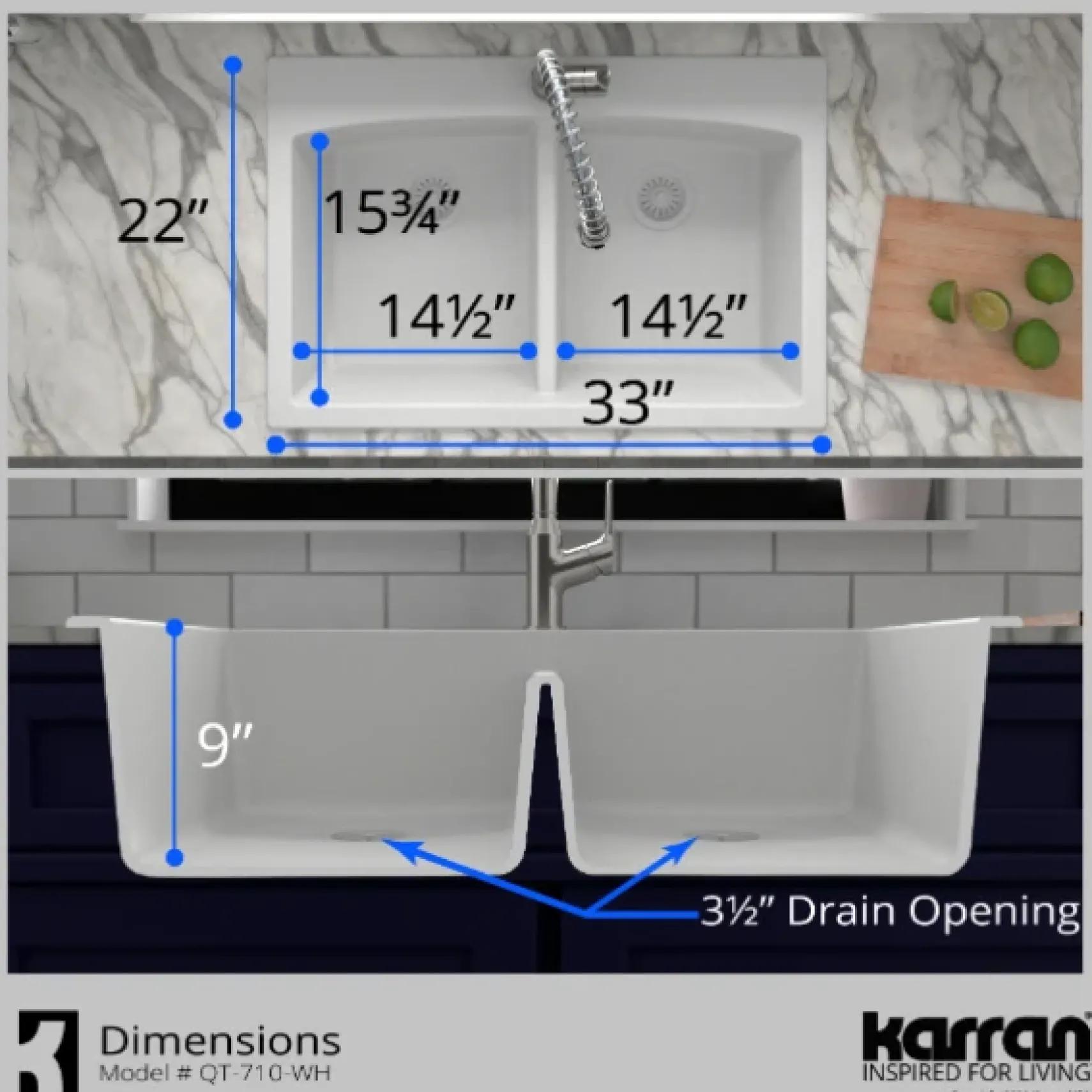 Karran 33" Drop In/Topmount Quartz Composite Kitchen Sink, 50/50 Double Bowl, White, QT-710-WH-PK1