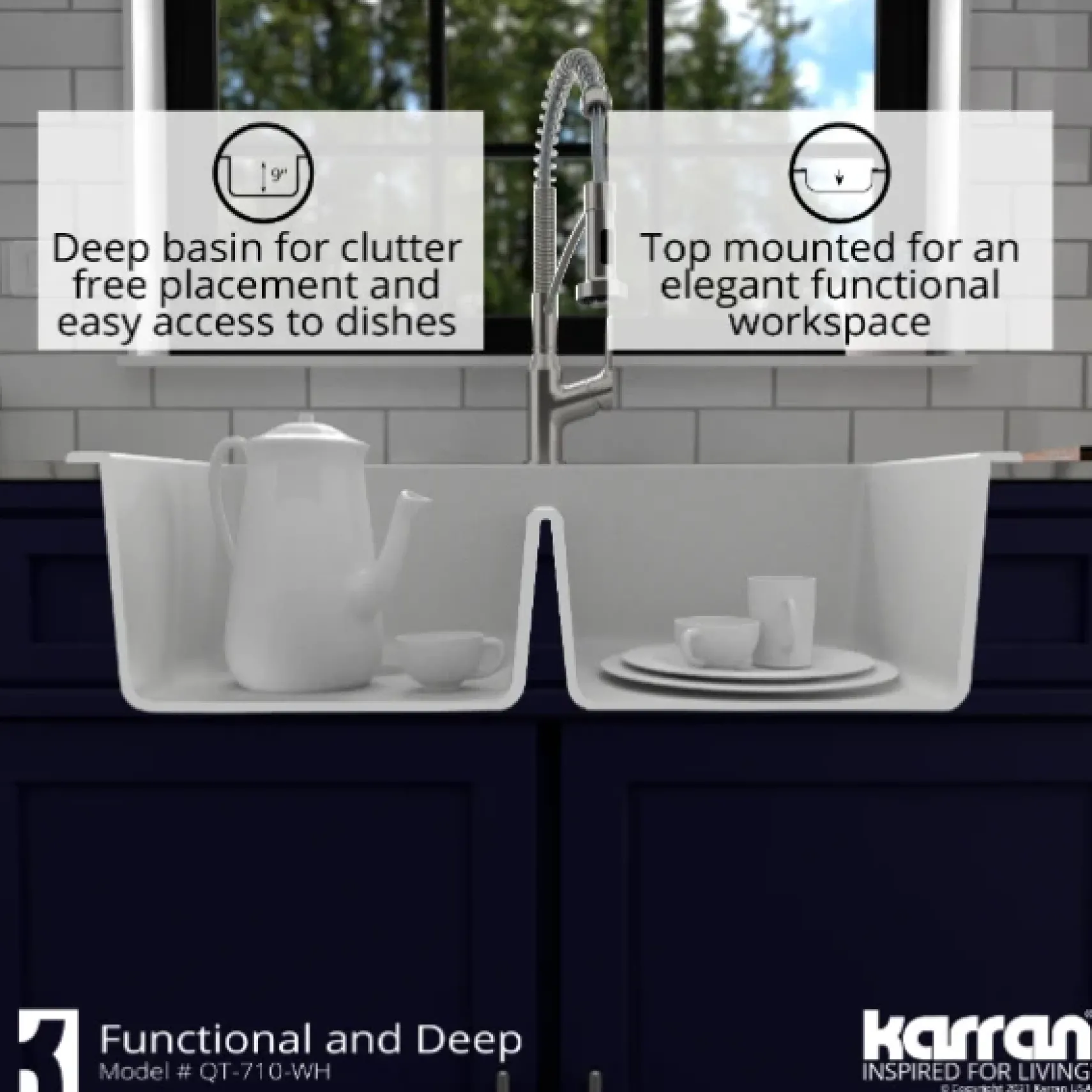 Karran 33" Drop In/Topmount Quartz Composite Kitchen Sink, 50/50 Double Bowl, White, QT-710-WH-PK1