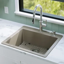 Karran 25" Drop In/Topmount Quartz Composite Kitchen Sink with Accessories, Concrete, QT-820-CN-PK1