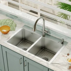Karran 33" Drop In/Topmount Stainless Steel Kitchen Sink, 50/50 Double Bowl, 16 Gauge, EL-35-PK1