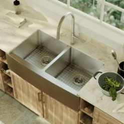 Karran Elite 36" Stainless Steel Farmhouse Sink with Accessories, 50/50 Double Bowl, 16 Gauge, EL-88-PK1