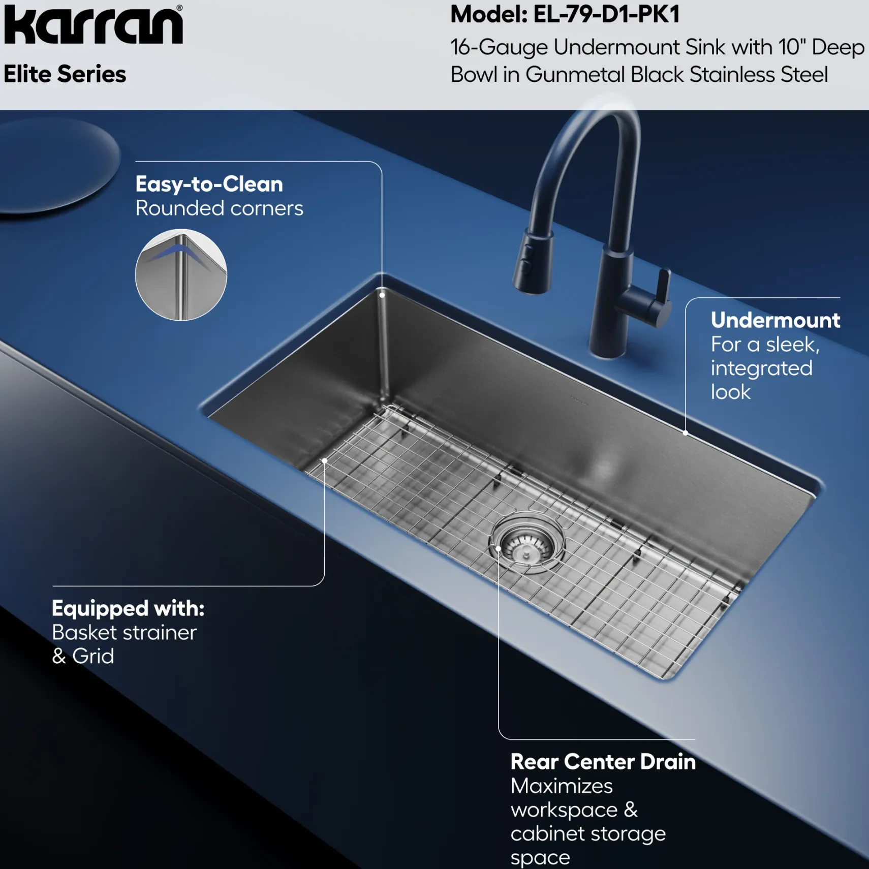 Karran Elite 32" Undermount Stainless Steel Kitchen Sink, Gunmetal Black, EL-79-D1-PK1