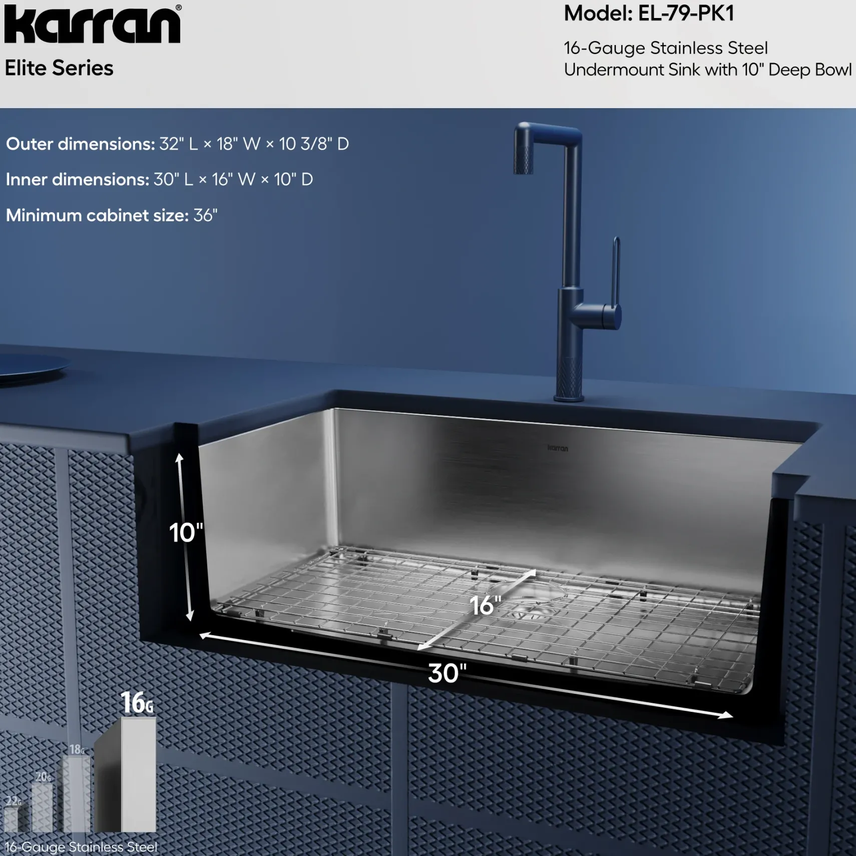 Karran Elite 32" Undermount Stainless Steel Kitchen Sink, 16 Gauge, EL-79-PK1