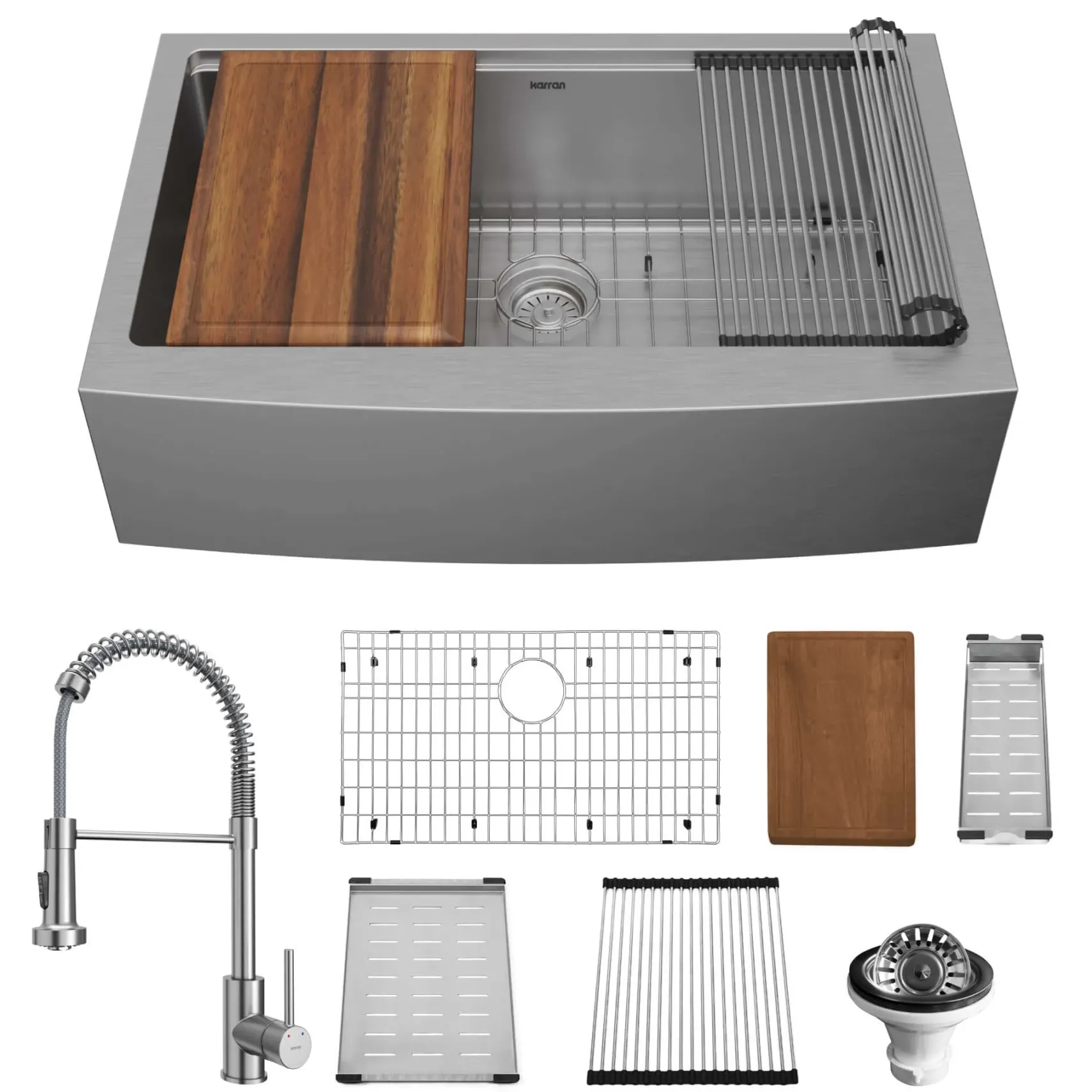 Karran Elite Workstation 33" Stainless Steel ADA Workstation Farmhouse Sink with Faucet and Accessories, 16 Gauge, WSA-45-PK2